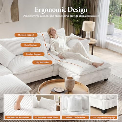 143" L Shaped Modular Sectional Sofa, Comfy Corduroy Upholstered Modular Sectional Couches for Living Room, Modern Cloud Couch with Ottoman Deep Seat, Warm White