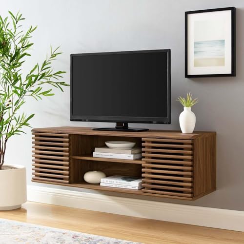 Render 46" Mid-Century Modern Wall Mount Media Console TV Stand, 46 Inch, Walnut, view 3
