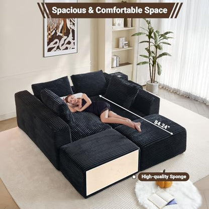 150" Modular Sectional Couch with Bluetooth Speaker, 5-Piece Cloud Sectional Sofa with Console, Storage, USB, 2 Ottoman & Cup Holder, U Shaped Boneless Couches for Living Room Furniture, Black