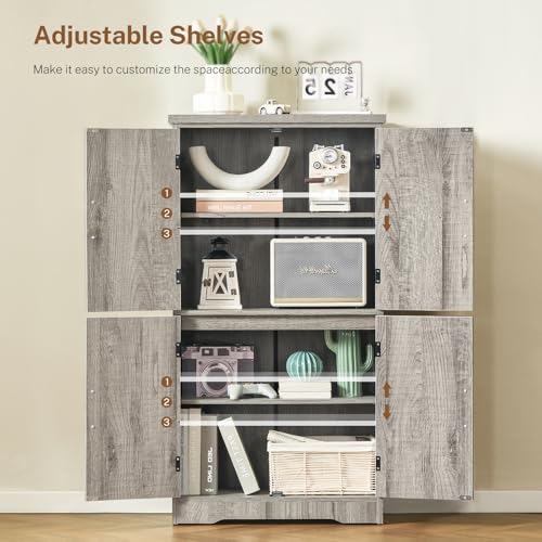 Farmhouse Storage Cabinet with 2 Adjustable Shelves, Bathroom Cabinet with 4 Doors, Cupboard for Kitchen, Living Room, Rustic Gray