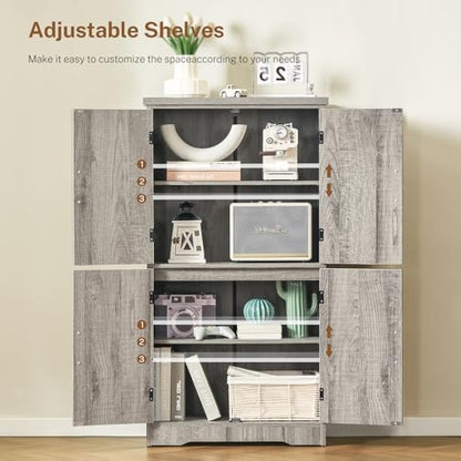 Farmhouse Storage Cabinet with 2 Adjustable Shelves, Bathroom Cabinet with 4 Doors, Cupboard for Kitchen, Living Room, Rustic Gray