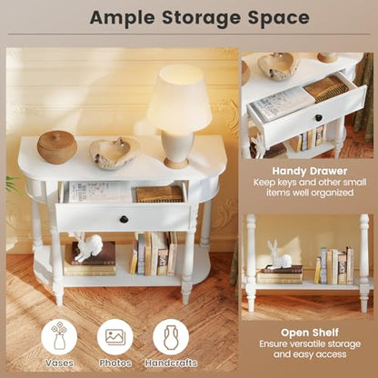 2-Tier Narrow Console Table, 36" White Entryway Table with Storage Drawer & Elegant Legs, Wooden Sofa Table with Open Shelf for Living Room, Foyer, Hallway, Bedroom, Entrance
