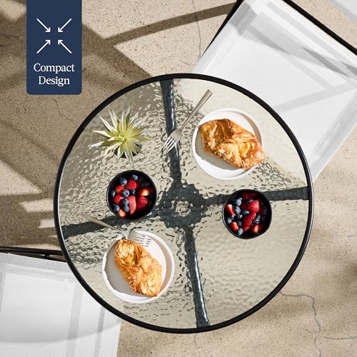 Best Choice Products 3-Piece Patio Bistro Dining Furniture Set w/Textured Glass Tabletop, 2 Steel Folding Chairs, Polyester Fabric - White