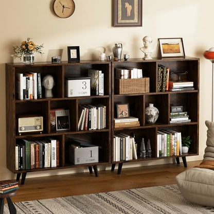 Cube Storage Organizer, 3 Tier Mid-Century Bookcase with Legs Cubeicals Retro Wood Organizer Storage Bookcase, Freestanding Open Book Shelves for Bedroom,Living Room,Office(Brown)