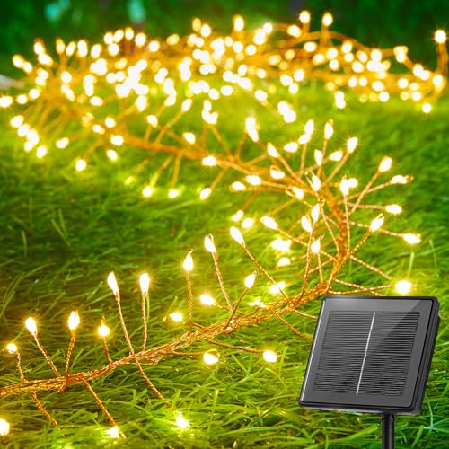 120LED 10FT Solar Fairy Lights Outside Waterproof, 8 Lighting Modes IP65 Outdoor Solar String Lights Outdoor Waterproof Firecracker Twinkle Light for Patio Yard Garden Party Decorations, Warm White