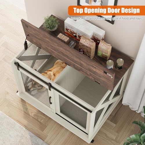 37'' Dog Crate Furniture, Flip Top Dog Kennel with Sliding Barn Door, view 4