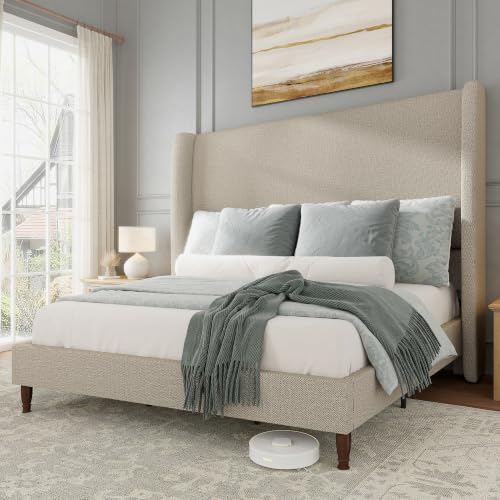 Queen Bed Frame Linen Upholstered Wingback Headboard, Brown, view 2