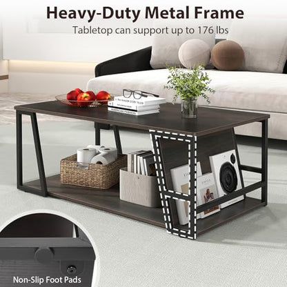 Modern Coffee Table with Storage, 2-Tier Rustic Wood Center Table with Shelf, Compartment, Metal Frame, Rectangular Geometric Living Room Table for Apartment (Espresso)