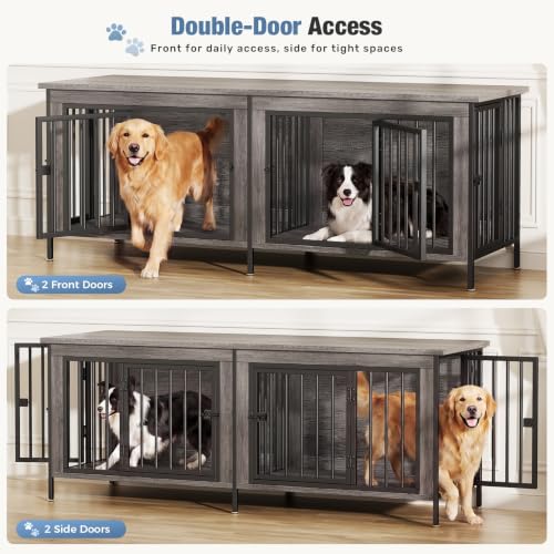 63" Dog Crate Furniture for 2 Dogs with Divider, Gray Wood Grain, view 3