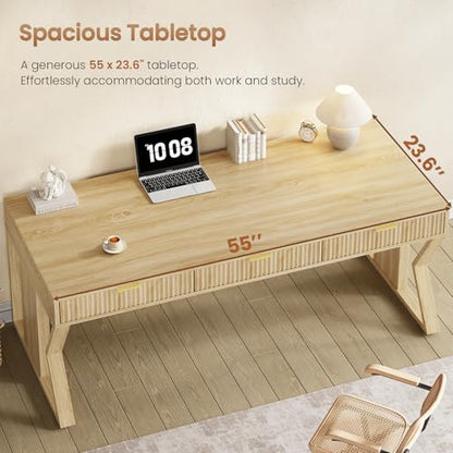 55" Executive Office Desk with 3 Drawers, Home Office Desk with Storage Drawers, Computer Writing Desk Study Table, Natural Oak