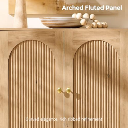 Modern Sideboard Buffet Cabinet, 34" Tall Fluted Arched Buffet Cabinet with Storage and Adjustable Shelves, Wooden Modular Coffee Bar Cabinets for Kitchen, Entryway, Natural