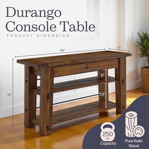 Durango 54-Inch Farmhouse-Industrial Style Wood Console Table with Two Open Shelves, Solid Wood Top, and Natural Grain and Knots – Fits TVs up to 60 Inches in Living Rooms by