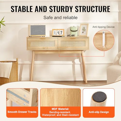 Rattan Console Table with 2 Storage Drawers, Rattan Entryway Table with Natural Rattan Sliding Door, Console Sofa Table for Living Room, Study, Entryway Or TV Wall, Natural