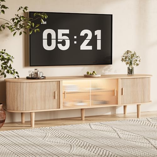 70" Fluted TV Stand with LED Lights for TVs up to 75 Inch, Mid Century Modern Entertainment Center with Sliding Doors & Glass Shelf, TV Console Table Media Console for Living Room, Natural Oak