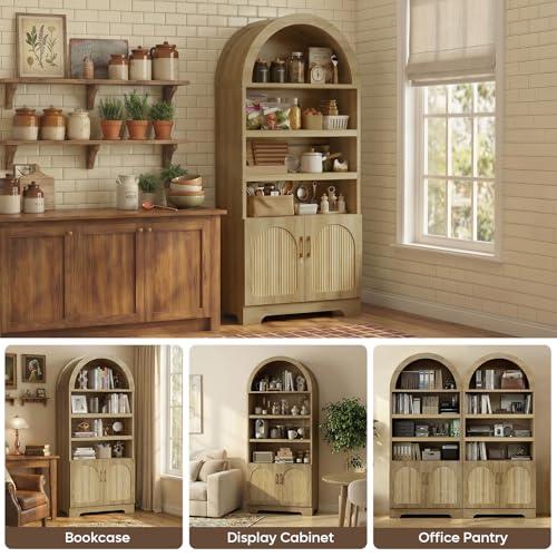 71" Tall Arched Kitchen Pantry, Arched Cabinet with Doors, Modern Farmhouse Wood Kitchen Storage Cabinets with 3-Tier Adjustable Shelves, Cupboard for Living Room, Dining Room, Kitchen, Oak