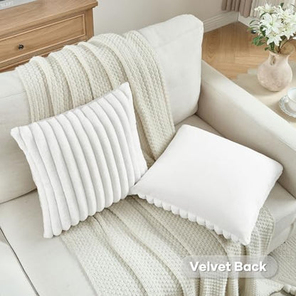 Pack of 2 Fluffy Faux Fur Throw Pillow Covers 18x18 Inch Elegant Striped Textured Decorative Cushion Cases Modern Accent Pillow for Couch Bed Living Room, White