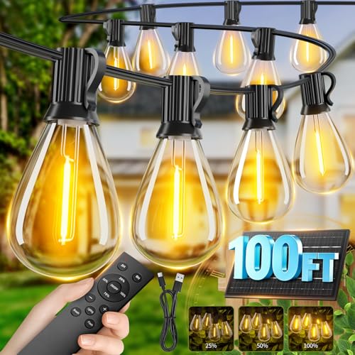 100FT Solar String Lights Outdoor Waterproof, 35+1 LED Solar Powered Lights with Remote Control, 3 Light Modes & Dimmable, USB-C Charging for Patio, Backyard, Garden, Camping