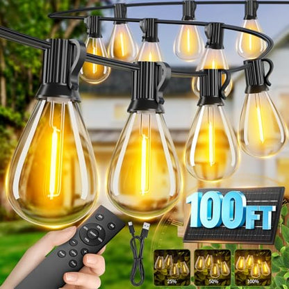 100FT Solar String Lights Outdoor Waterproof, 35+1 LED Solar Powered Lights with Remote Control, 3 Light Modes & Dimmable, USB-C Charging for Patio, Backyard, Garden, Camping