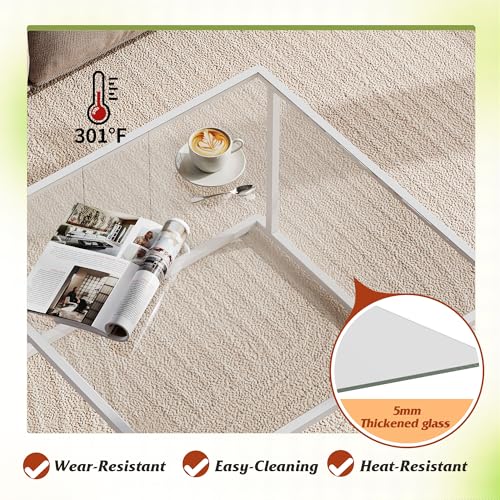 Coffee Table, Glass Coffee Table for Living Room, Modern Small Coffee Table with Tempered Glass & Metal Frame, Square Center Table for Small Spaces Apartment, Office, 26.4 x 26.4in, White