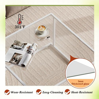 Coffee Table, Glass Coffee Table for Living Room, Modern Small Coffee Table with Tempered Glass & Metal Frame, Square Center Table for Small Spaces Apartment, Office, 26.4 x 26.4in, White