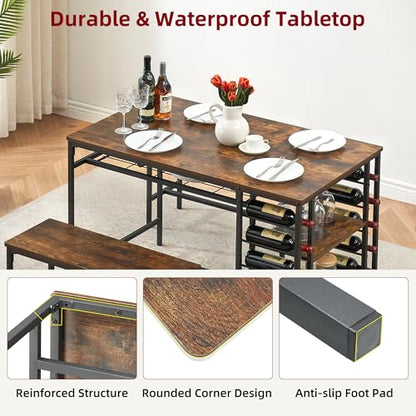 Dining Table Set for 4, Kitchen Table Set for 4 with 2 Benches, Rectangular Dining Room Table Set with Wine Rack, 3 Piece Dining Table Set for Small Space Apartment, Rustic Brown