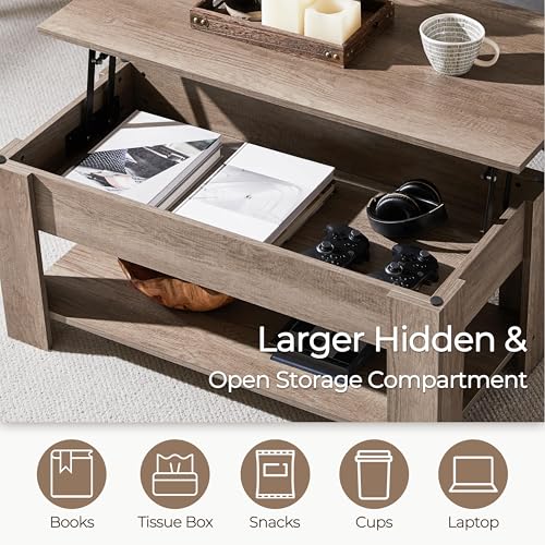 Yaheetech Lift Top Coffee Table with Hidden Compartment and Storage Shelf, Rising Tabletop Dining Table for Living Room Reception Room, 38.6in L, Grey