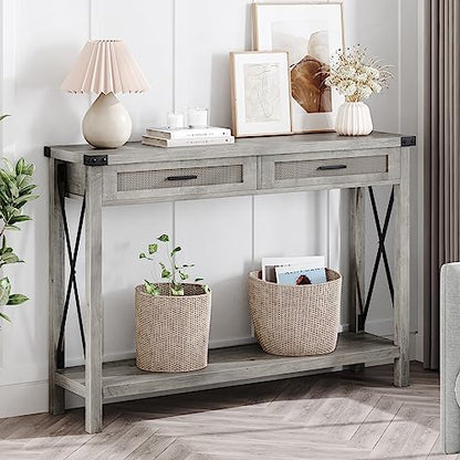 Farmhouse Entryway Table, Grey Console Table with Rattan Drawers, 43" Sofa Table with Storage, Console Tables for Entryway, Living Room, Hallway, Foyer-Grey