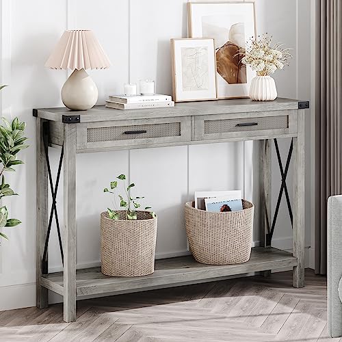 Farmhouse Entryway Table, Grey Console Table with Rattan Drawers, 43" Sofa Table with Storage, Console Tables for Entryway, Living Room, Hallway, Foyer-Grey