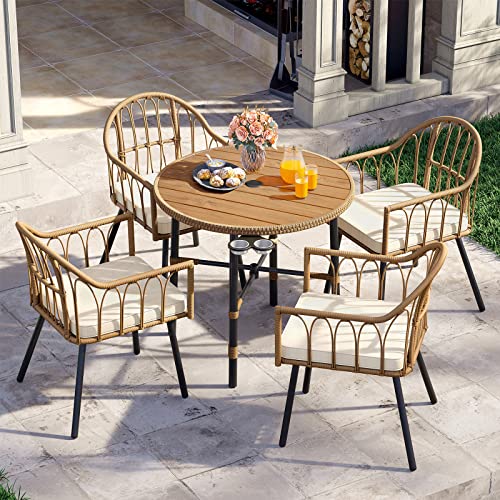 4 Pieces Rattan Wicker Dinning Chairs, Outdoor Indoor Patio Furniture Set with Cushion and Curved Back All Weather Bistro Chair for Garden Backyard Porch Poolside Restaurant