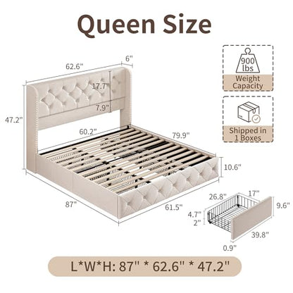 Queen Size Bed Frame with Storage Drawers and Wingback Headboard Linen Upholstered Platform Bed Frame Tufted Beds with Heavy Duty Wood Slats, Noise Free, Easy Assembly, Beige