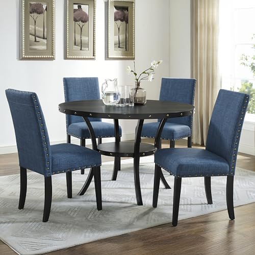 Collection Biony Espresso Wood Dining Set with Blue Fabric Nailhead Chairs