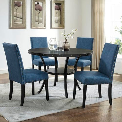 Collection Biony Espresso Wood Dining Set with Blue Fabric Nailhead Chairs