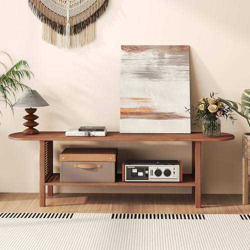 Bamboo TV Stand with Storage for TVs up to 65", Modern Entertainment Center with Rattan Side, Accent TV Table with 2 Shelf, Media Console TV Stand for Living Room, Bedroom, Walnut
