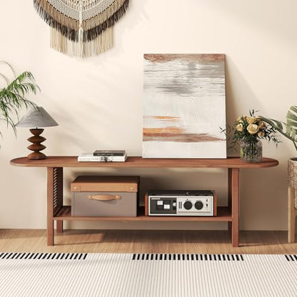 Bamboo TV Stand with Storage for TVs up to 65", Modern Entertainment Center with Rattan Side, Accent TV Table with 2 Shelf, Media Console TV Stand for Living Room, Bedroom, Walnut