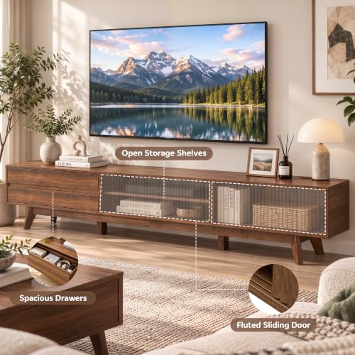 94" Fluted TV Stand with Power Outlet, Living Room TV Stand Walnut, view 5