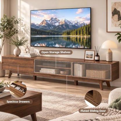 94" Fluted TV Stand with Power Outlet, Living Room TV Stand Walnut, view 5