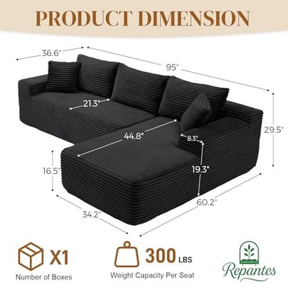 95" L Shaped Boneless Sectional Couches, Wide Armrest, Deep Seat, Memory Foam, Assembly Free, Modern Comfy Corduroy Fluffy Cloud Sofa with Right Chaise for Living Room, Small Spaces, Black
