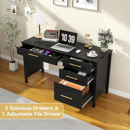 Executive Desk with Drawers: 54" Black Home Office Desks with File Drawer, view 4