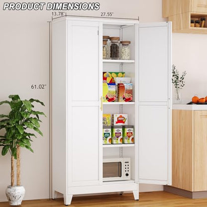 Metal Pantry Cabinet with 2 Doors and Adjustable Shelves - 61" Kitchen Storage Cabinet with Gold Handles - Versatile Storage for Kitchen, Bathroom, Dining Room, Utility Room - White