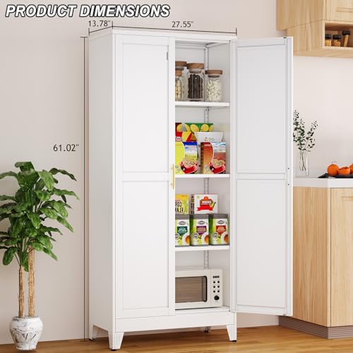 Metal Pantry Cabinet with 2 Doors and Adjustable Shelves - 61" Kitchen Storage Cabinet with Gold Handles - Versatile Storage for Kitchen, Bathroom, Dining Room, Utility Room - White