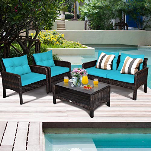4 Piece Patio Furniture Set, Outdoor Wicker Conversation Set with Glass Top Coffee Table, All Weather Proof and Thick Cushions, Suitable for Porch, Garden, Poolside and Lawn (Turquoise)