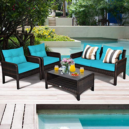 4 Piece Patio Furniture Set, Outdoor Wicker Conversation Set with Glass Top Coffee Table, All Weather Proof and Thick Cushions, Suitable for Porch, Garden, Poolside and Lawn (Turquoise)