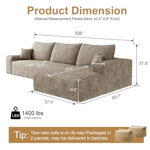 AUGOP 108" Sectional Couches for Living Room Modern Modular Sofa with L-Shape Couchs Upholstered Boneless Couch Deep Seat Sectional Couch with Chaise (Camel, Right Facing Chaise+2Seaters)