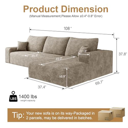 AUGOP 108" Sectional Couches for Living Room Modern Modular Sofa with L-Shape Couchs Upholstered Boneless Couch Deep Seat Sectional Couch with Chaise (Camel, Right Facing Chaise+2Seaters)