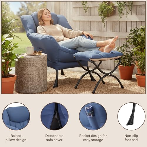 Lazy Chair with Ottoman, Modern Accent Chair with Armrests and a Side Pocket, Leisure Sofa Armchair, Reading Armchair with Footrest for Small Space, Royal Blue