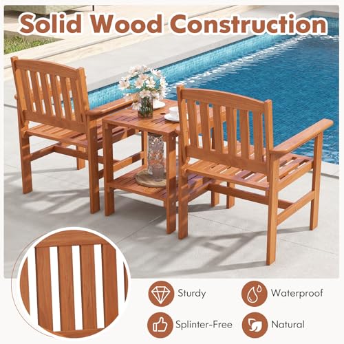 3 Piece Patio Conversation Set, Outdoor Wood Conversation Seat with Table and Umbrella Hole, Outdoor Furniture Set of 3 for Garden Poolside Backyard Balcony Porch