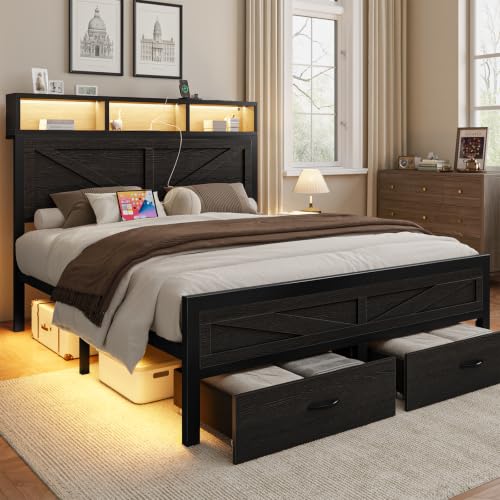 Rustic King Size Bed Frame with Storage Drawers, view 7