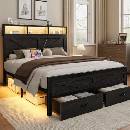 Rustic King Size Bed Frame with Storage Drawers, view 7
