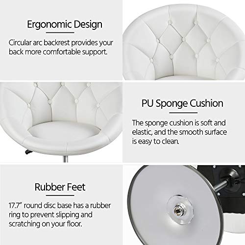 Yaheetech Leather Vanity Chair with Back, 360° Swivel & Adjustable Height, Tufted Makeup Desk Chair for Bedroom, Dressing Table & Living Room, White