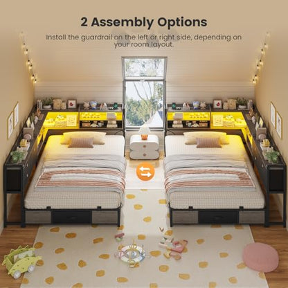 Corner Bed Frame with Charging Station & Led Lights, Twin Bed Frame with 8 Storage Drawers & Bookcase, Twin Daybed with Storage Headboard for Kids Guests, Black & Gray